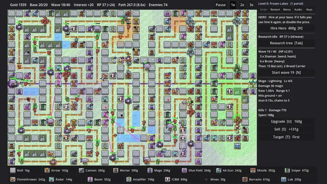 A full maze with a Lightning Mage selected